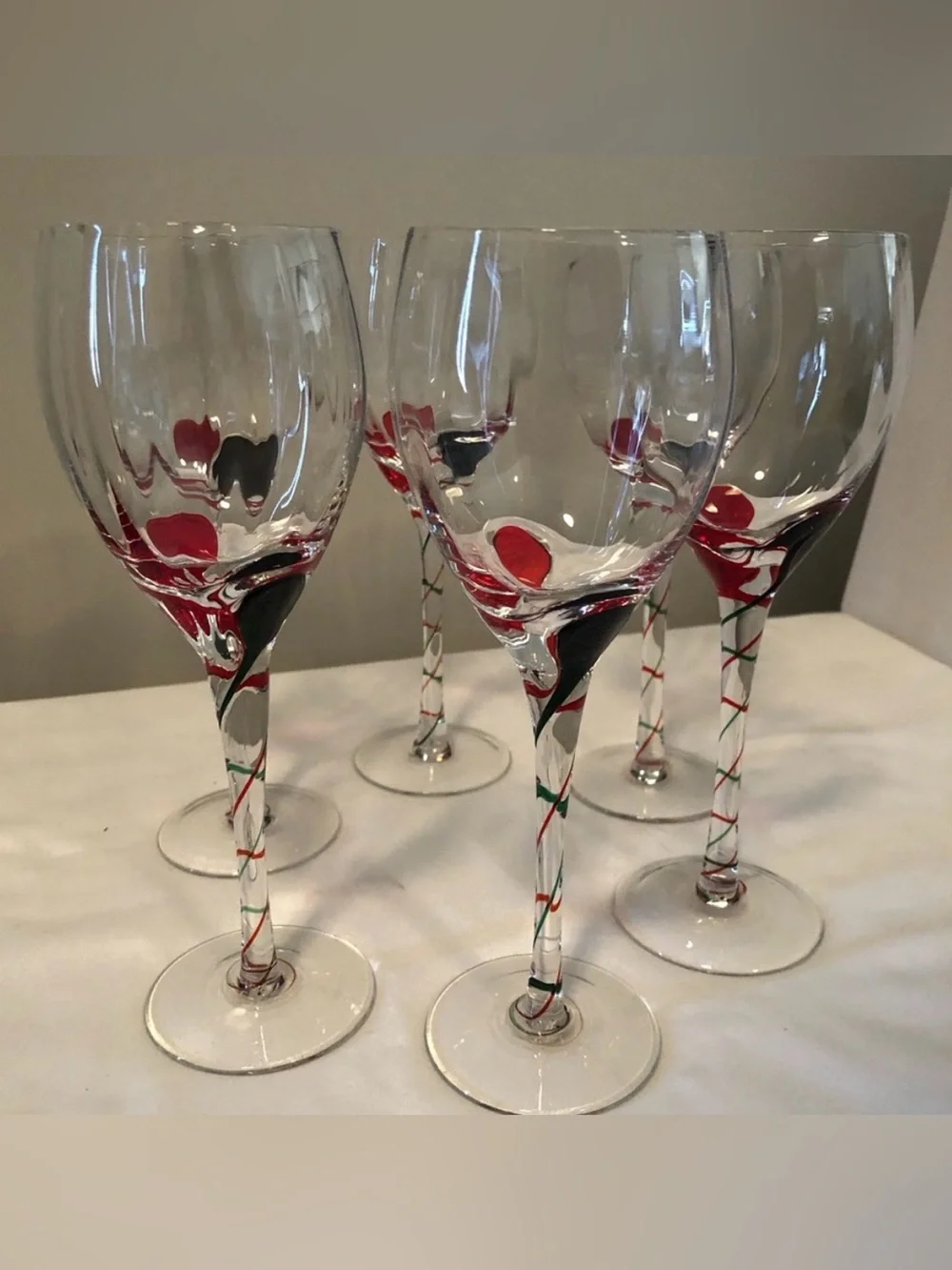 Pier 1 Hand Blown Optic Ribbon Wine Glasses 6, Green&Red Glass Drops&Spiral Stem